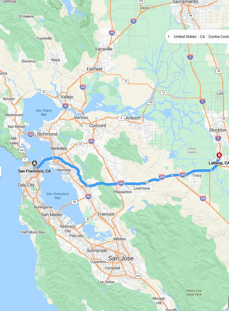 driving from San Francisco, California to LathropCalifornia - map and route