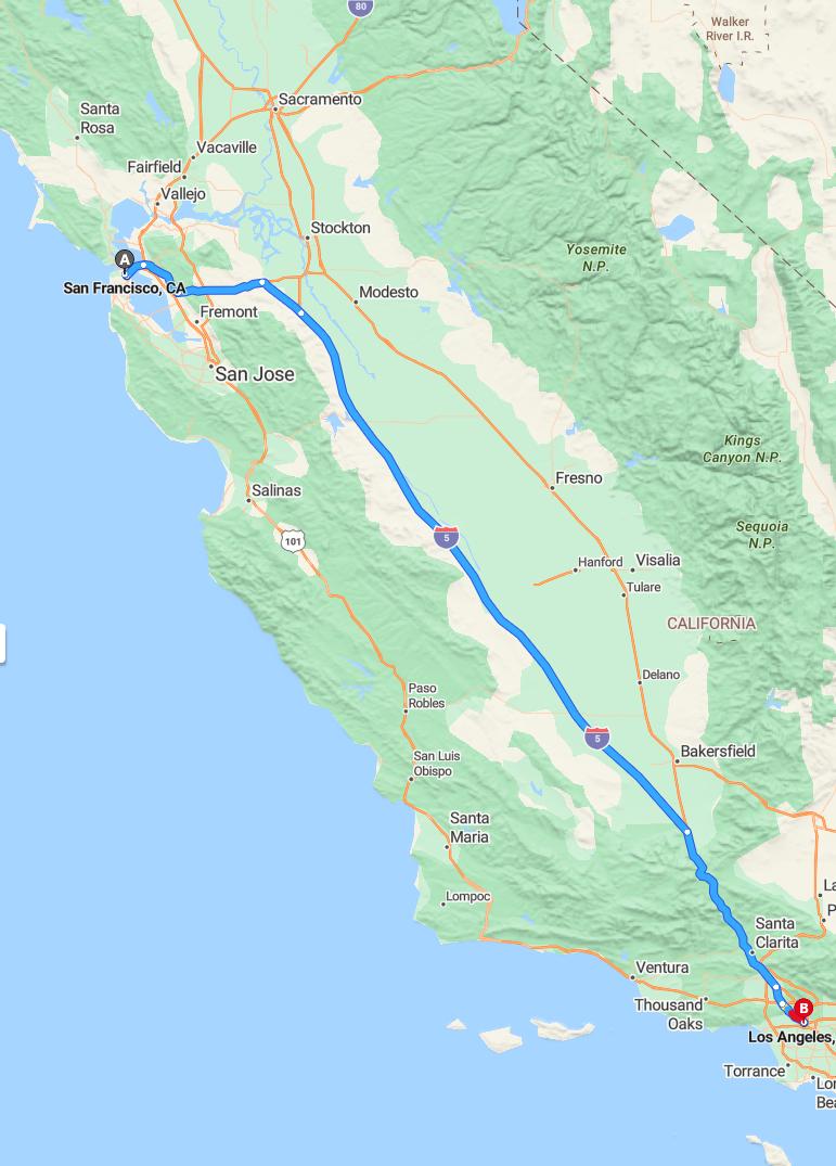 driving from San Francisco, California to Los AngelesCalifornia - map and route