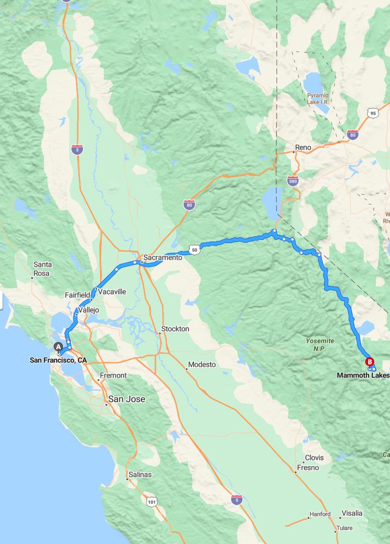 driving from San Francisco, California to Mammoth LakesCalifornia - map and route