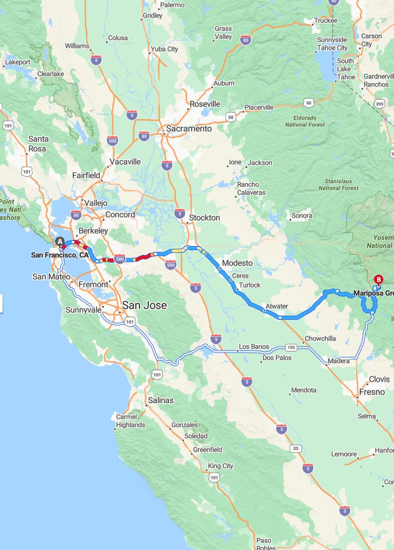 driving from San Francisco, California to Mariposa GroveCalifornia - map and route