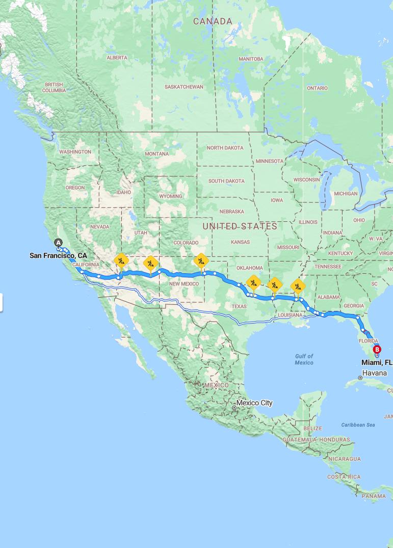 driving from San Francisco, California to MiamiFlorida - map and route