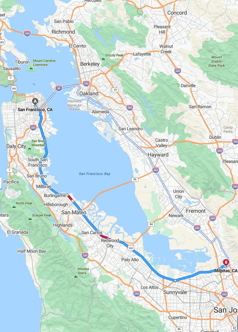 driving from San Francisco, California to MilpitasCalifornia - map and route
