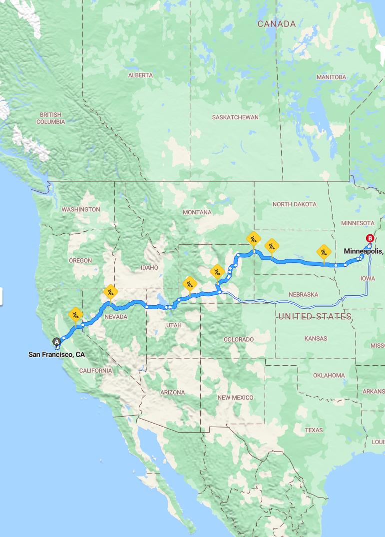 driving from San Francisco, California to MinneapolisMinnesota - map and route