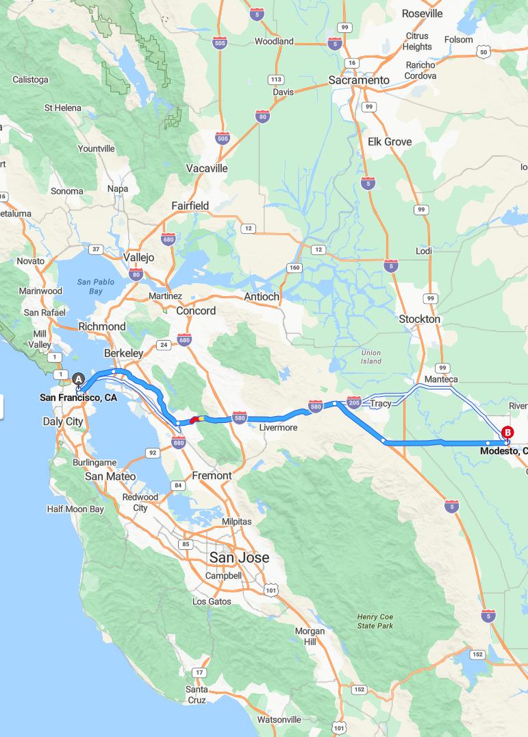 driving from San Francisco, California to ModestoCalifornia - map and route