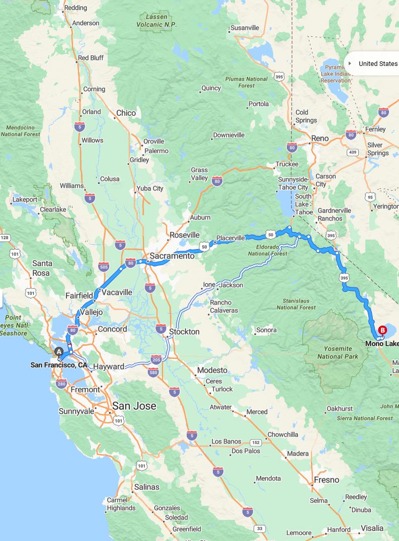 driving from San Francisco, California to Mono LakeCalifornia - map and route