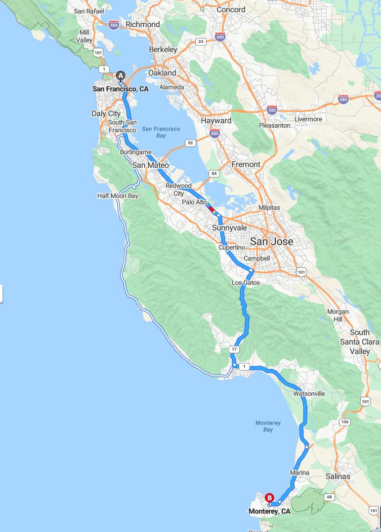 driving from San Francisco, California to MontereyCalifornia - map and route