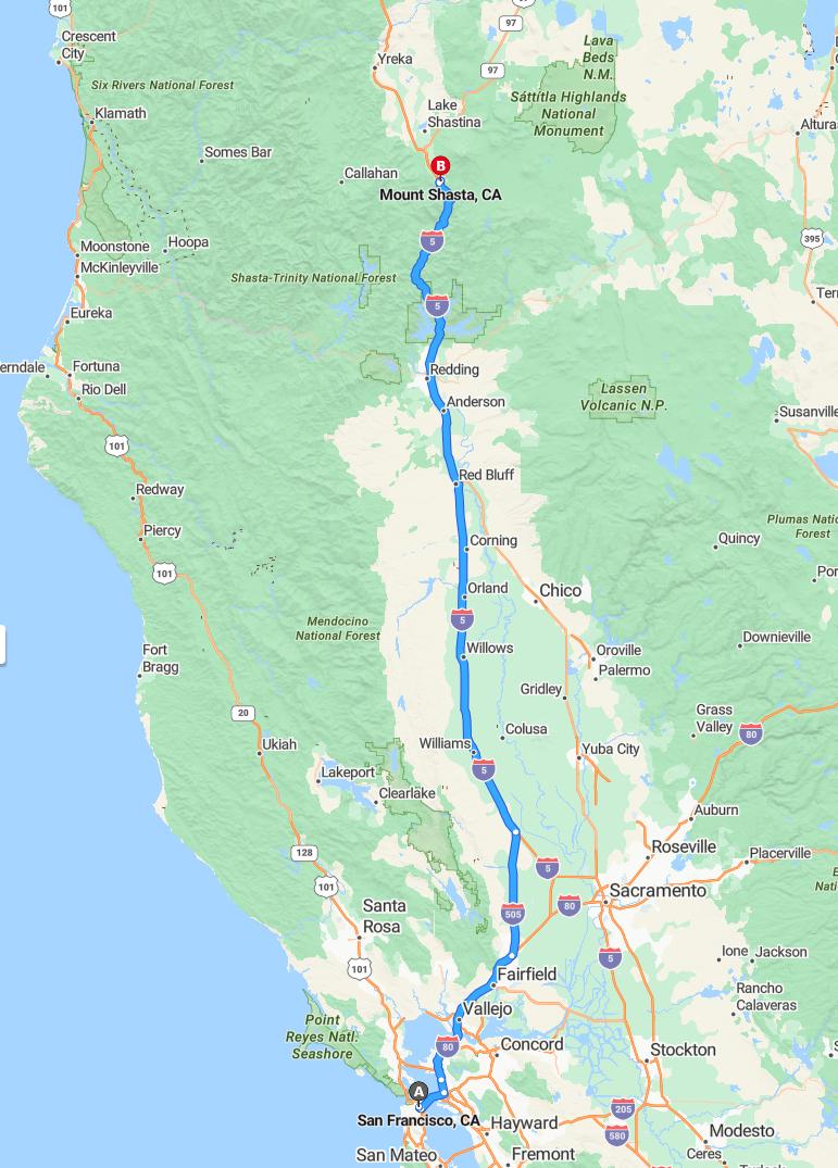 driving from San Francisco, California to Mount ShastaCalifornia - map and route