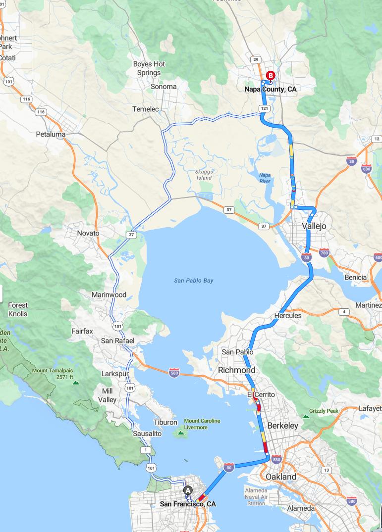 driving from San Francisco, California to Napa ValleyCalifornia - map and route