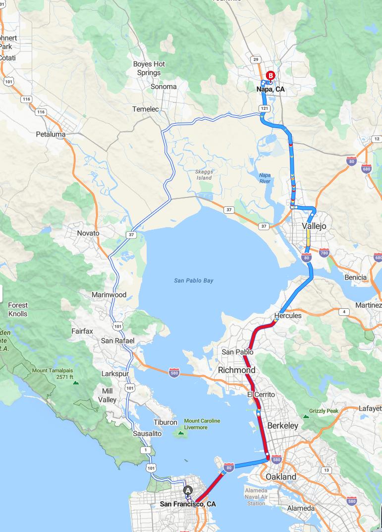 driving from San Francisco, California to NapaCalifornia - map and route