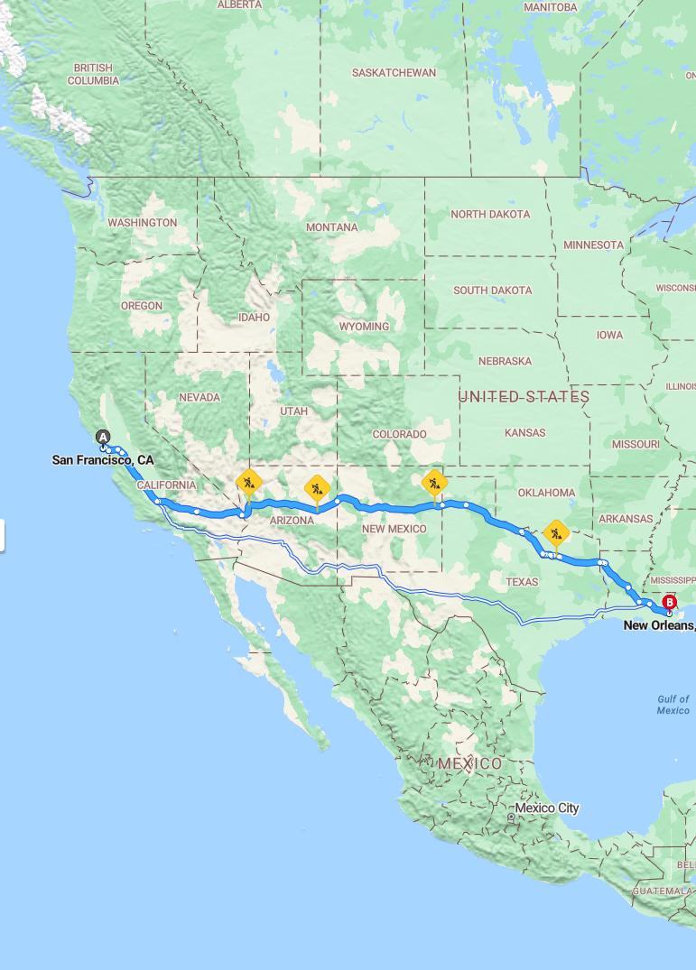 driving from San Francisco, California to New OrleansLouisiana - map and route