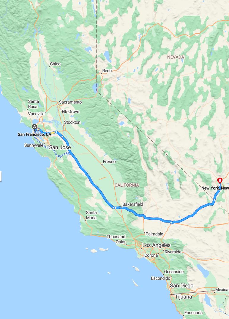 driving from San Francisco, California to New YorkNew York - map and route