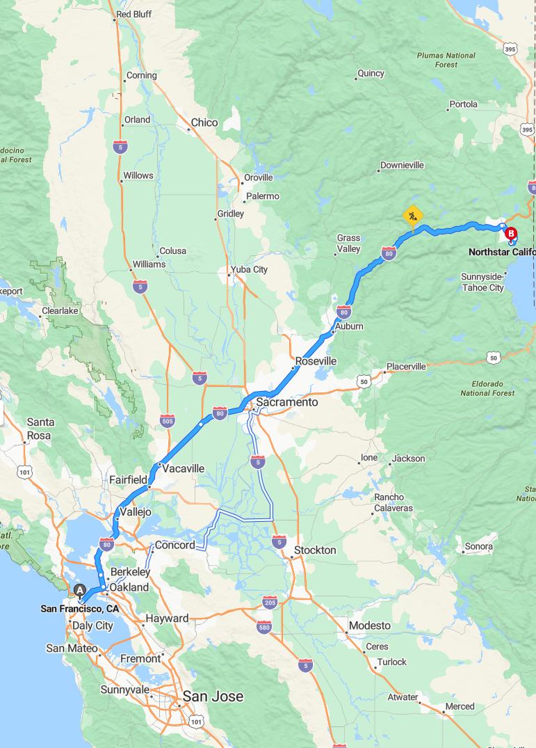 driving from San Francisco, California to NorthstarCalifornia - map and route