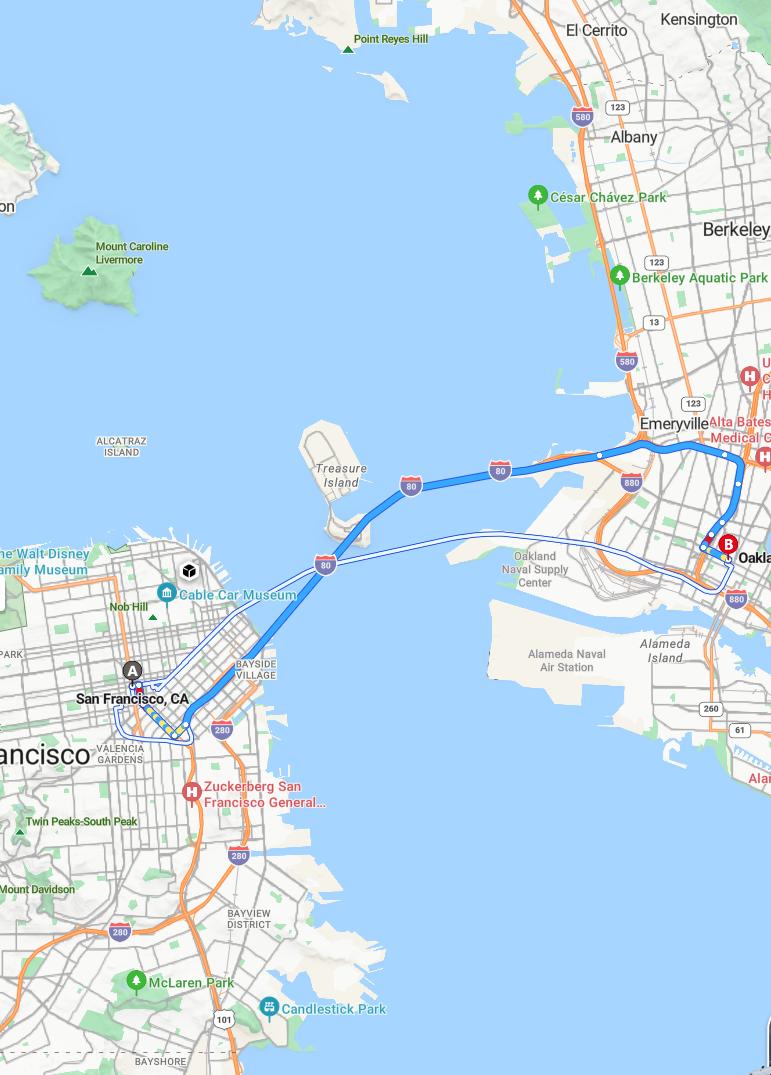 driving from San Francisco, California to OaklandCalifornia - map and route