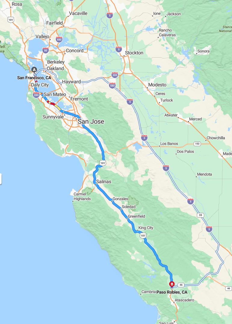 driving from San Francisco, California to Paso RoblesCalifornia - map and route