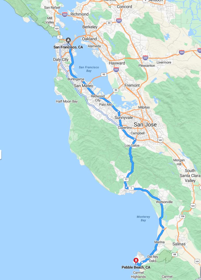 driving from San Francisco, California to Pebble BeachCalifornia - map and route