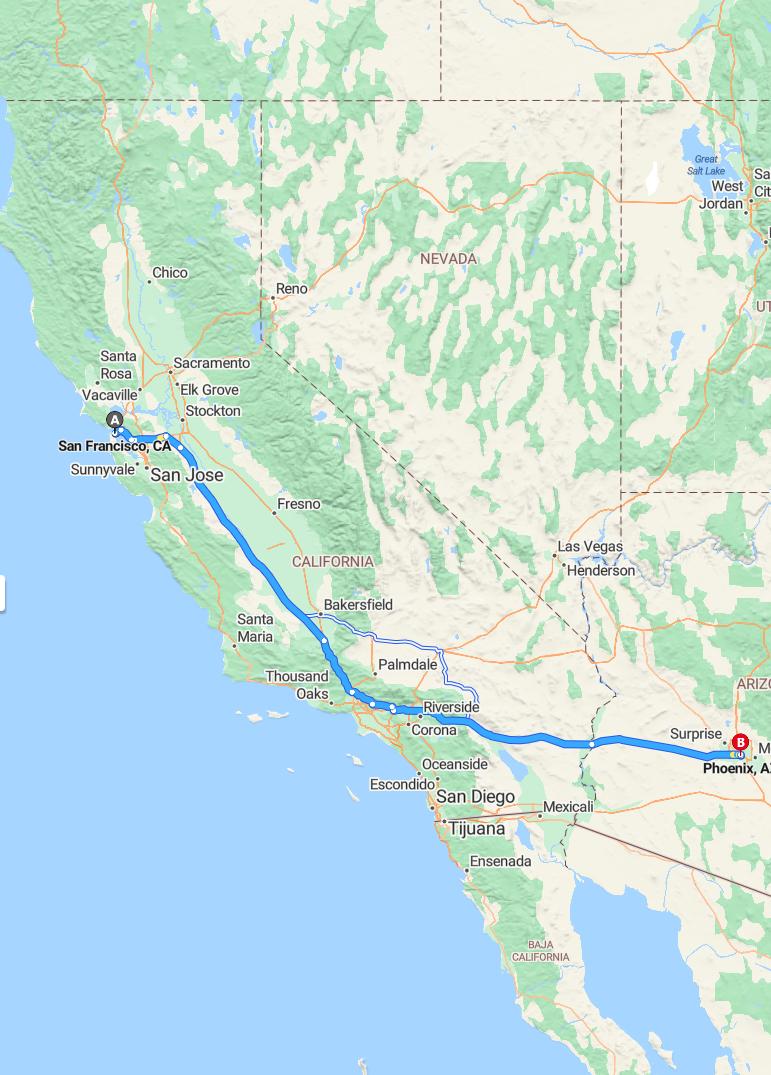driving from San Francisco, California to PhoenixArizona - map and route