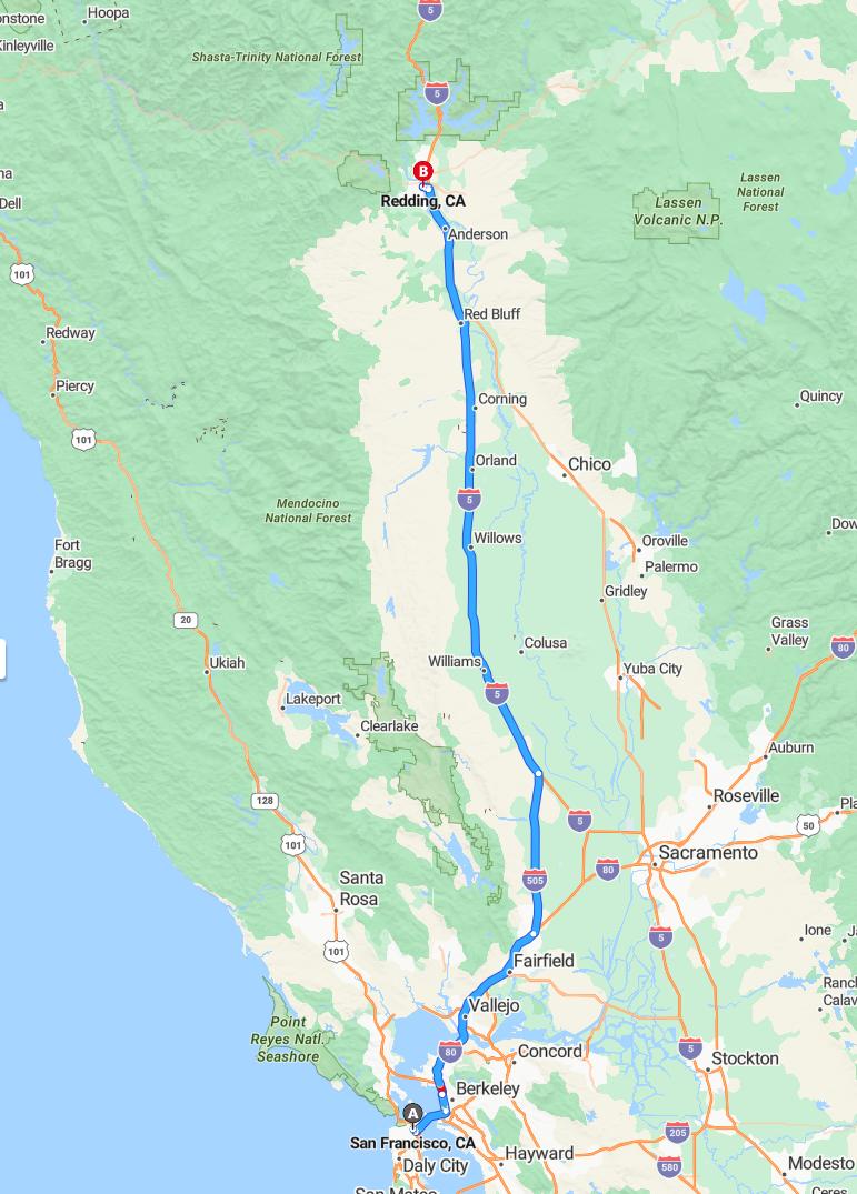 driving from San Francisco, California to ReddingCalifornia - map and route