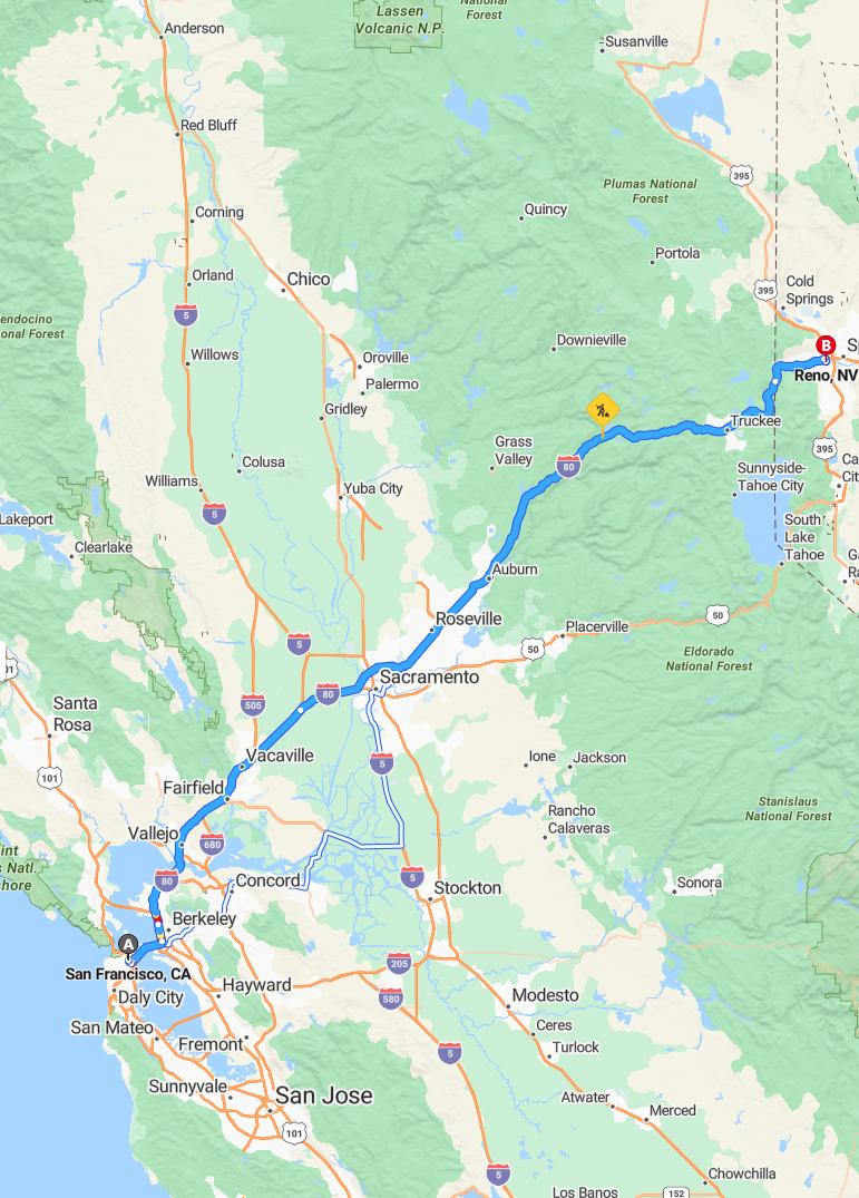 driving from San Francisco, California to RenoNevada - map and route