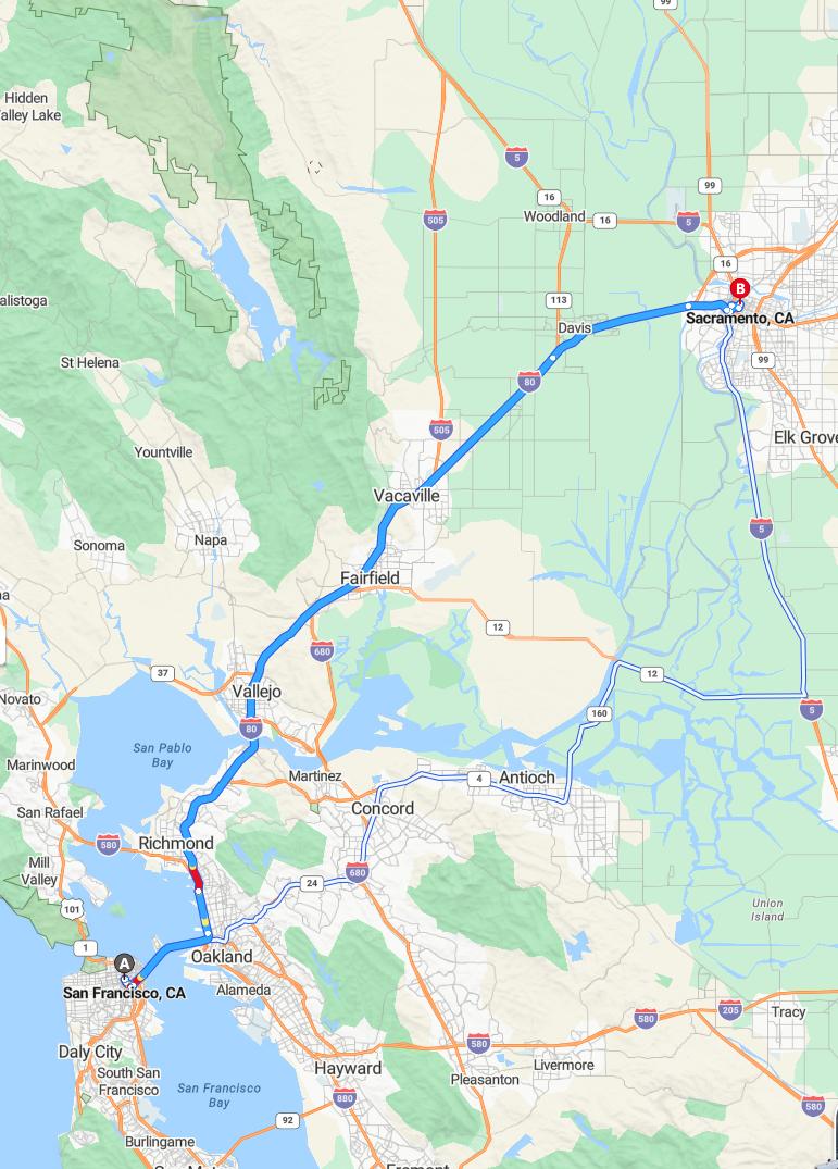 driving from San Francisco, California to SacramentoCalifornia - map and route