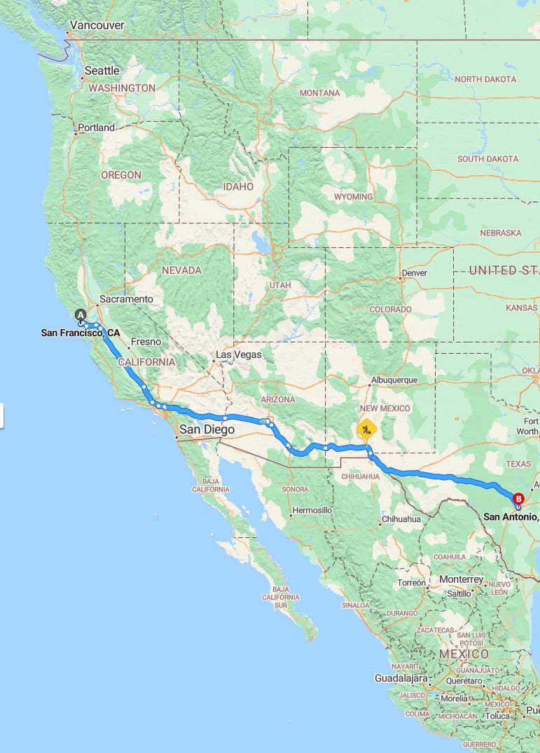 driving from San Francisco, California to San AntonioTexas - map and route