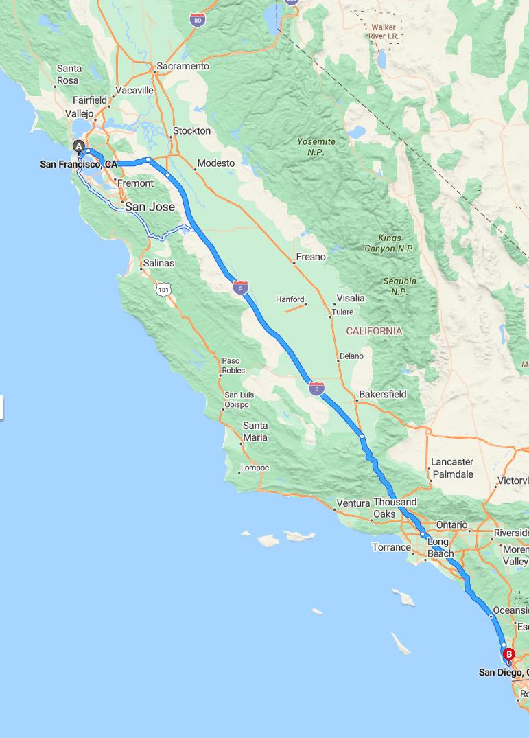 driving from San Francisco, California to San DiegoCalifornia - map and route