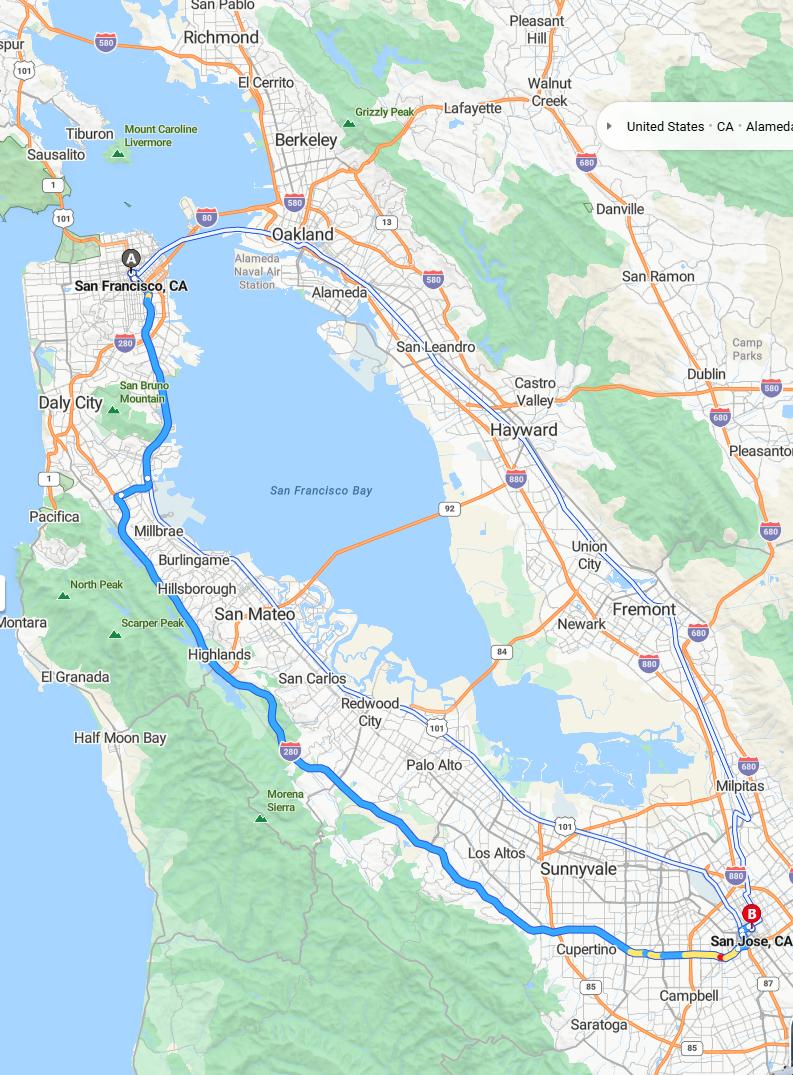 driving from San Francisco, California to San JoseCalifornia - map and route