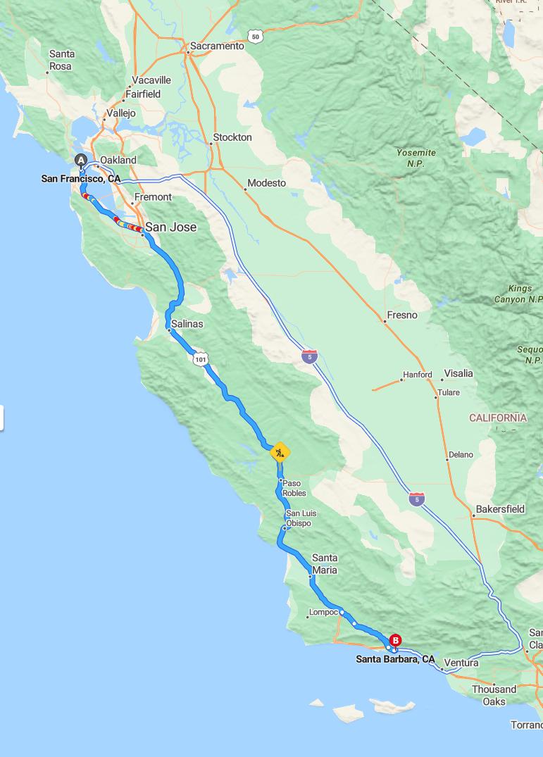 driving from San Francisco, California to Santa BarbaraCalifornia - map and route