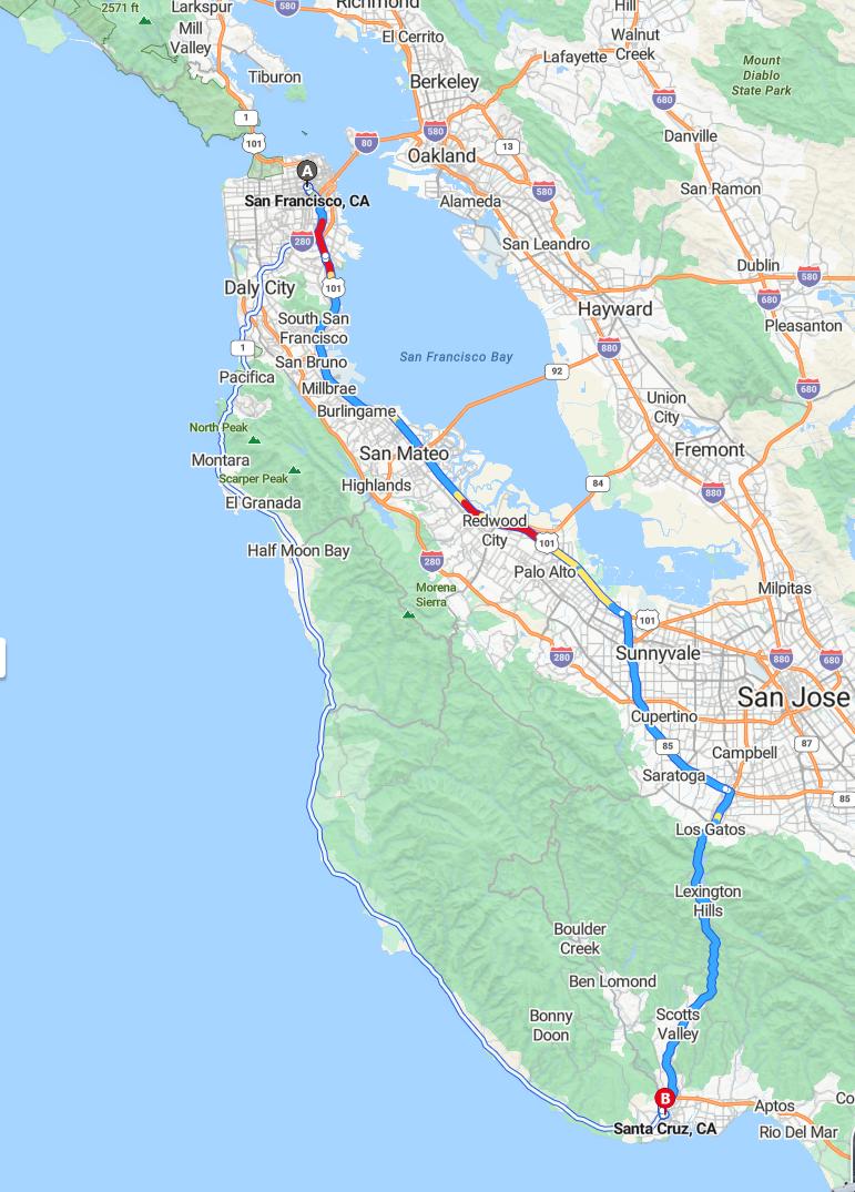 driving from San Francisco, California to Santa CruzCalifornia - map and route