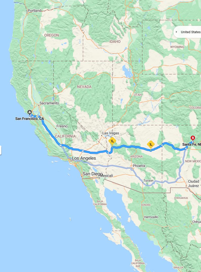 driving from San Francisco, California to Santa FeNew Mexico - map and route