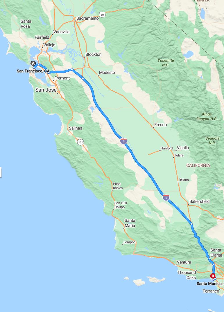 driving from San Francisco, California to Santa MonicaCalifornia - map and route