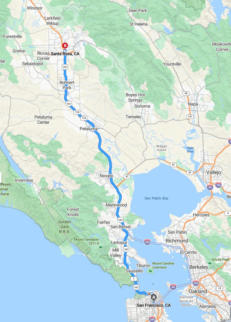 driving from San Francisco, California to Santa RosaCalifornia - map and route