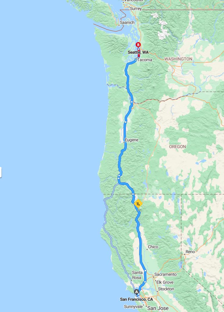 driving from San Francisco, California to SeattleWashington - map and route