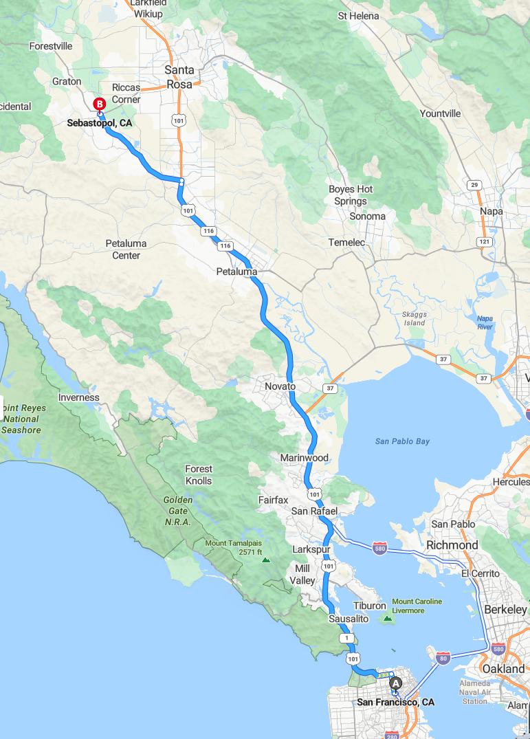 driving from San Francisco, California to SebastopolCalifornia - map and route