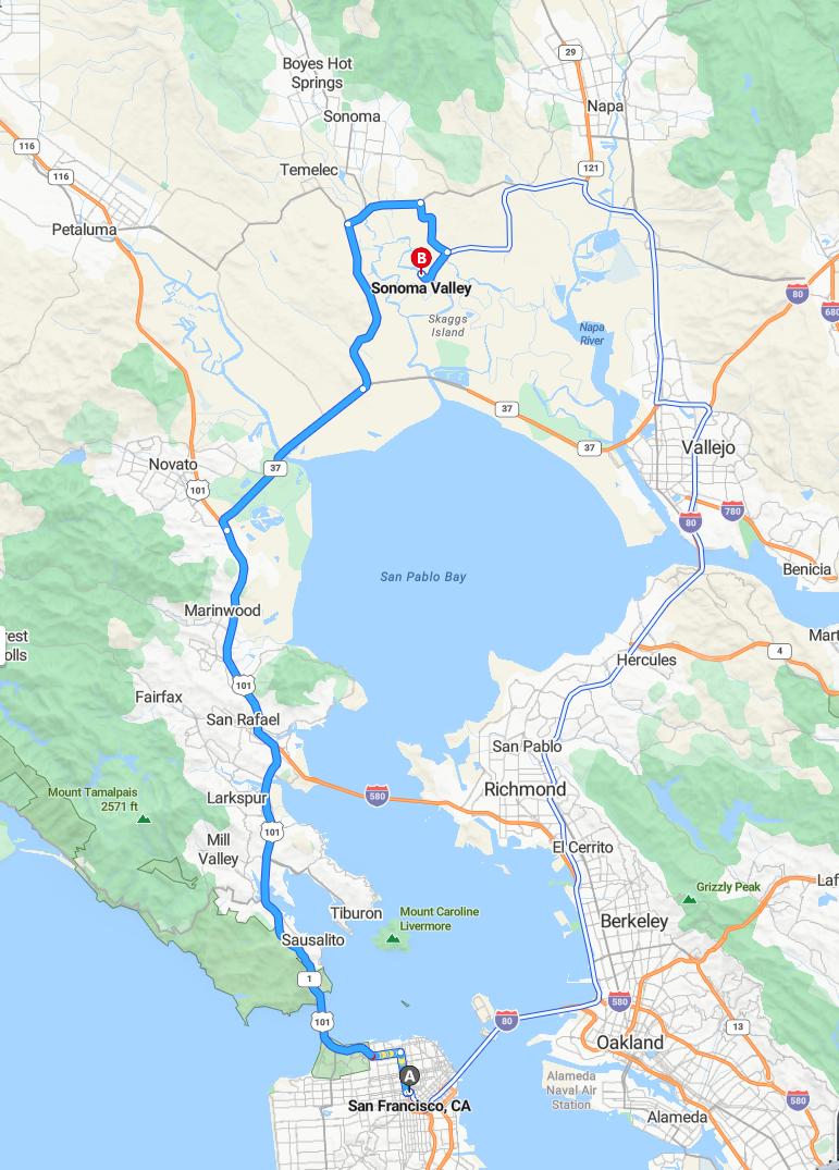 driving from San Francisco, California to Sonoma ValleyCalifornia - map and route