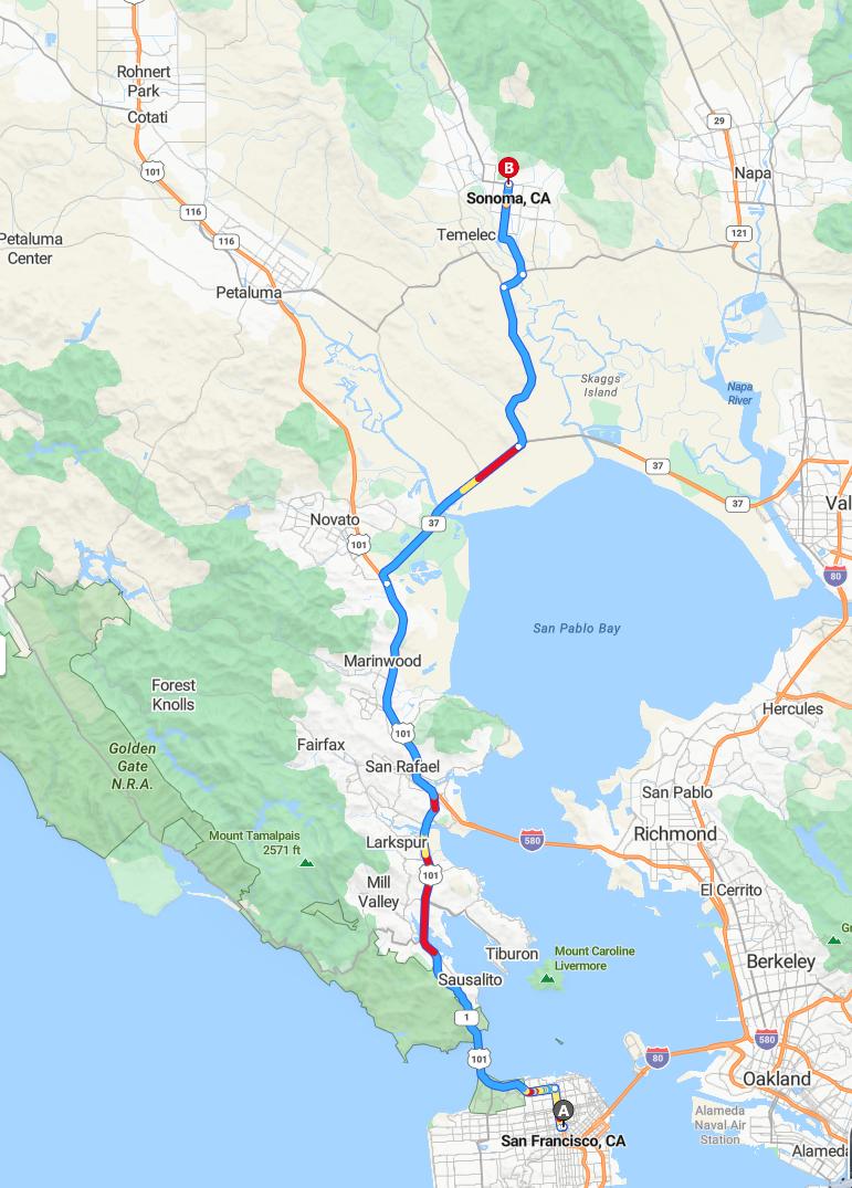 driving from San Francisco, California to SonomaCalifornia - map and route