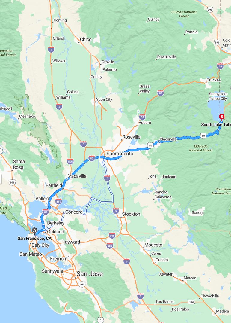 driving from San Francisco, California to South Lake TahoeCalifornia - map and route