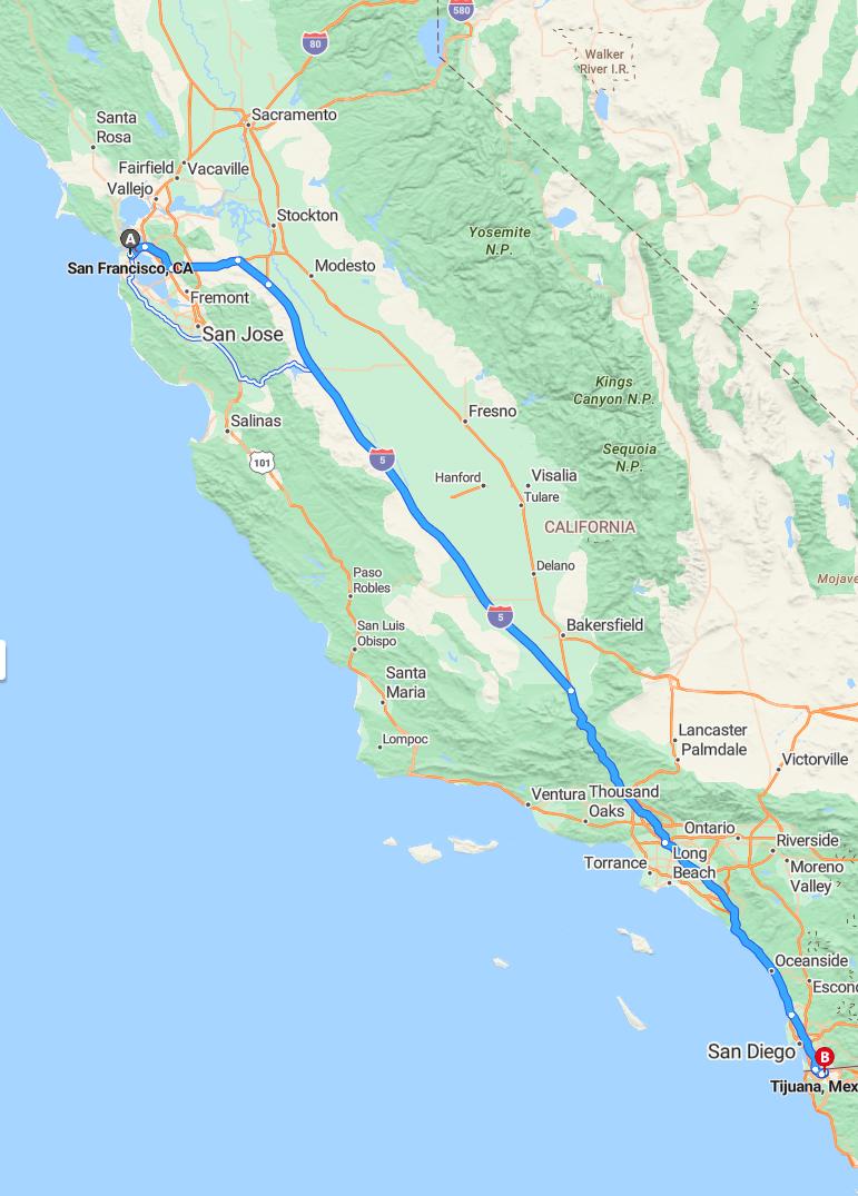 driving from San Francisco, California to TijuanaBaja California - map and route