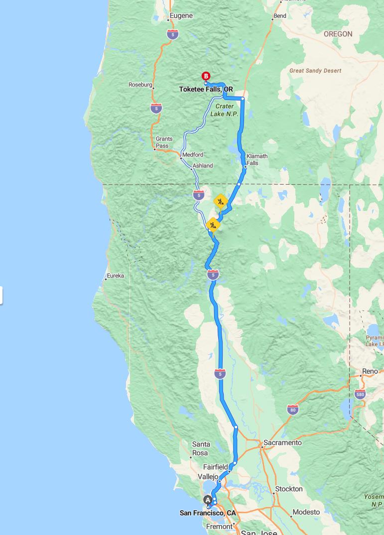 driving from San Francisco, California to Toketee FallsOregon - map and route