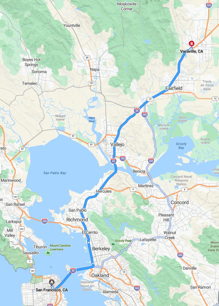 driving from San Francisco, California to VacavilleCalifornia - map and route