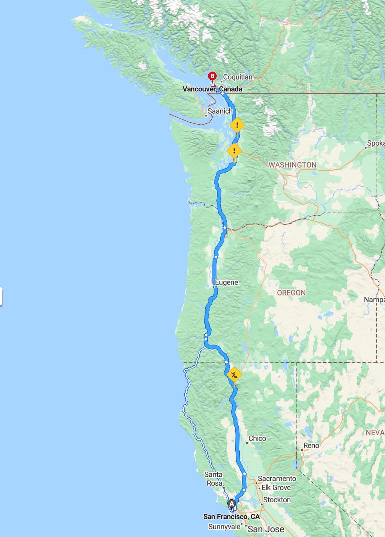 driving from San Francisco, California to VancouverBritish Columbia - map and route