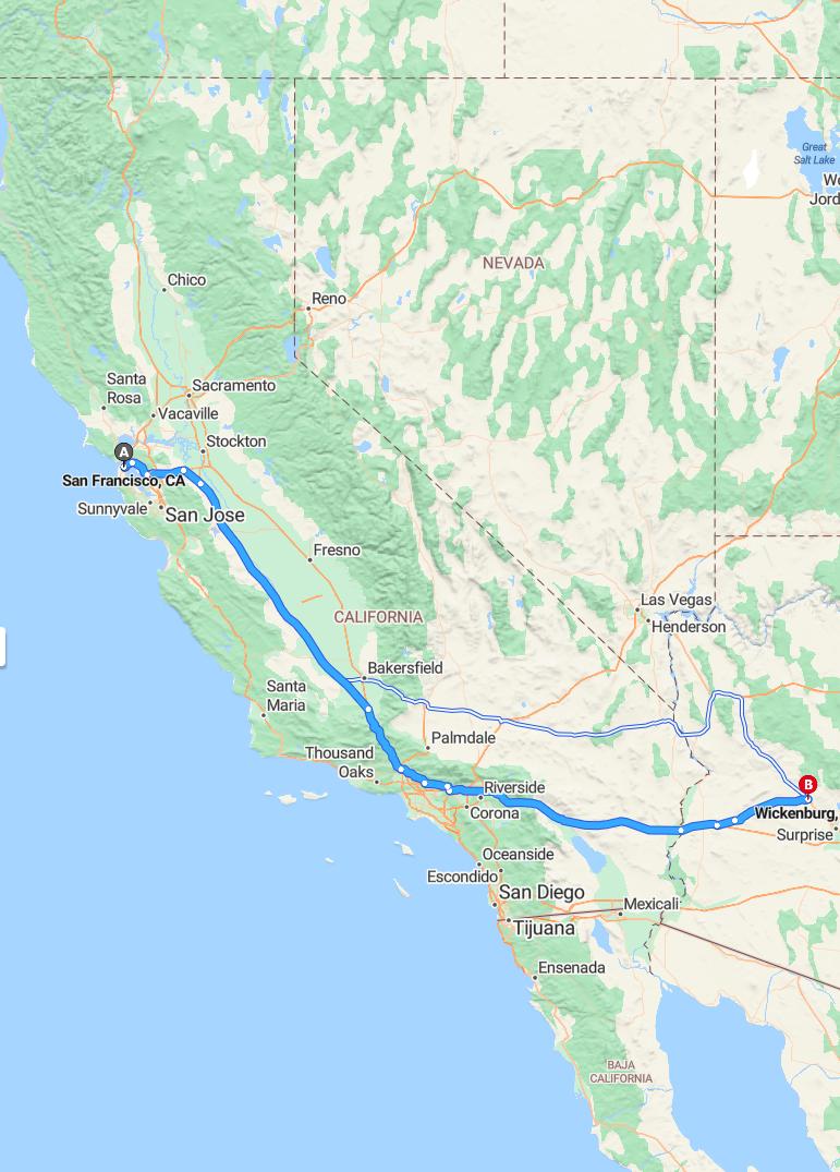 driving from San Francisco, California to WickenburgArizona - map and route