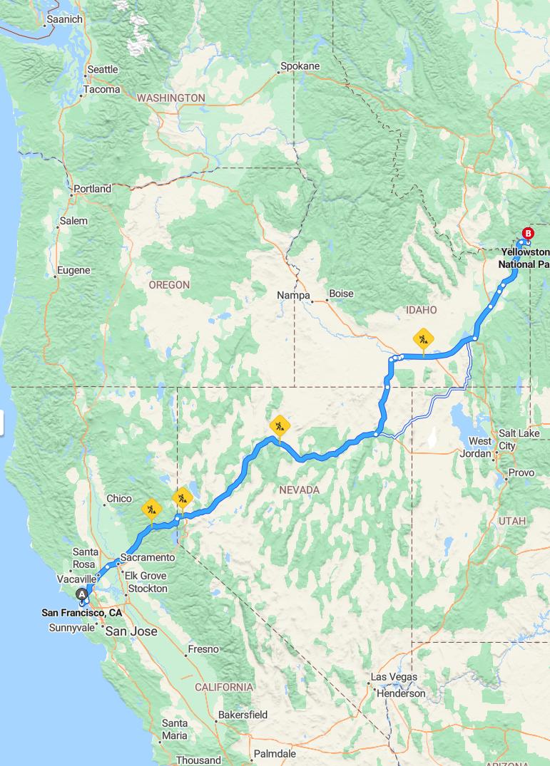 driving from San Francisco, California to YellowstoneWyoming - map and route