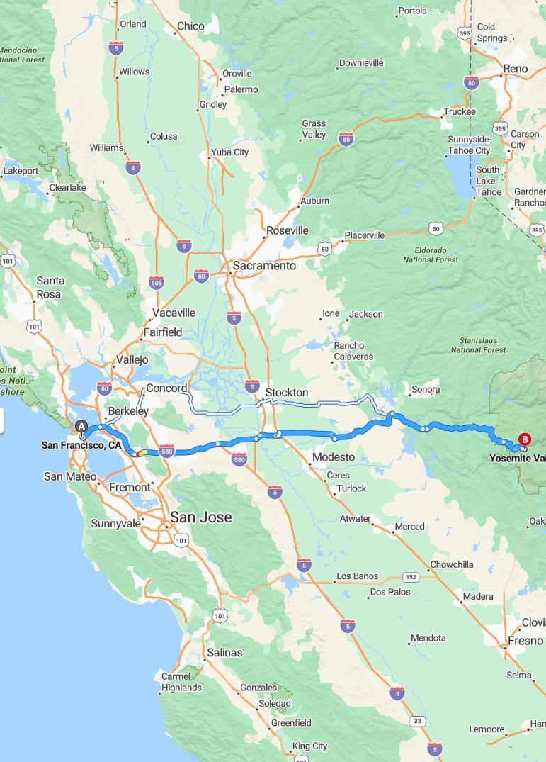 driving from San Francisco, California to Yosemite ValleyCalifornia - map and route