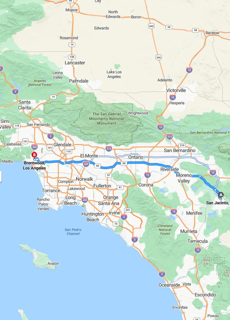 driving from San Jacinto, California to BrentwoodCalifornia - map and route