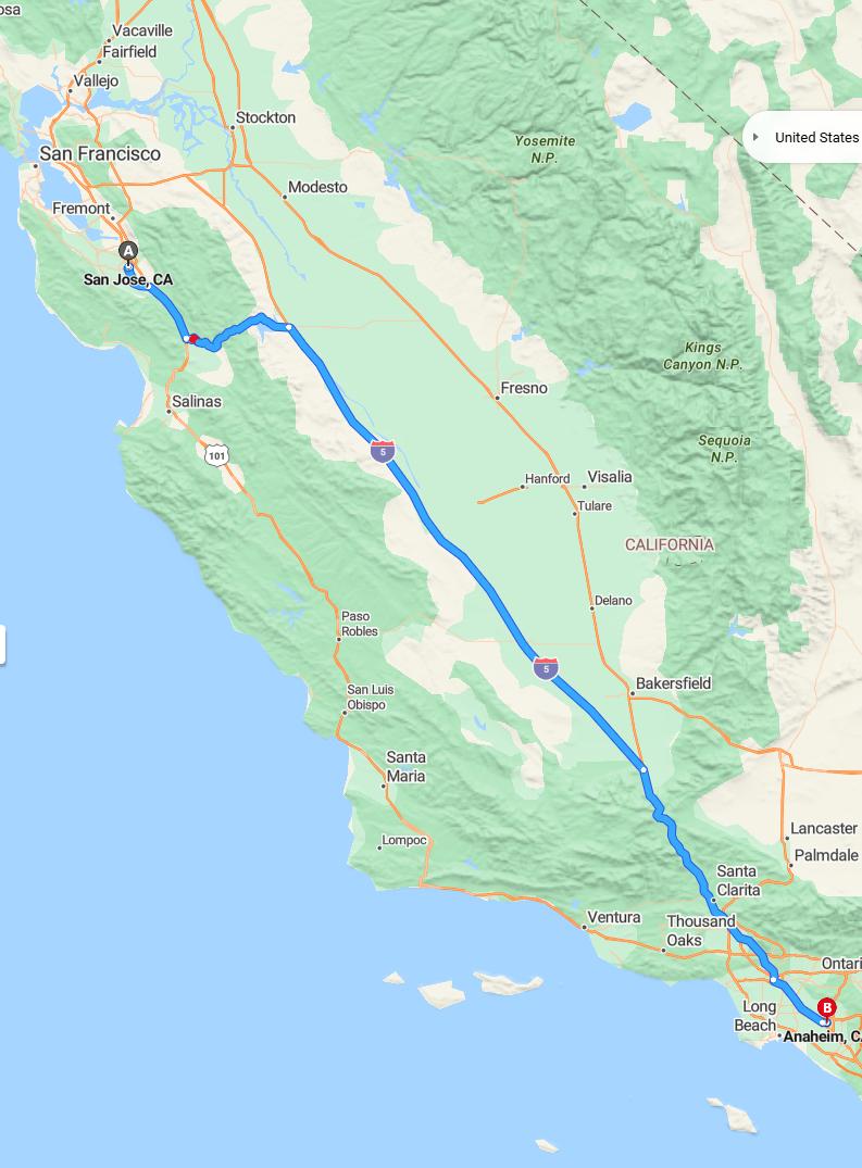 driving from San Jose, California to AnaheimCalifornia - map and route