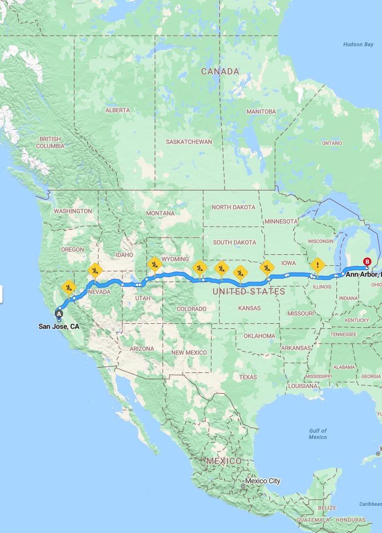 driving from San Jose, California to Ann ArborMichigan - map and route