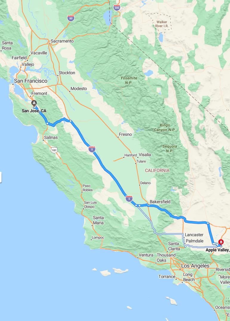 driving from San Jose, California to Apple ValleyCalifornia - map and route