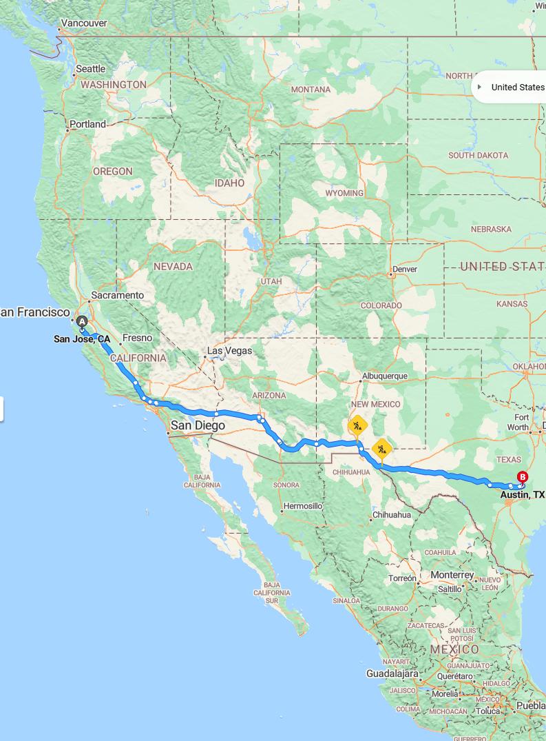 driving from San Jose, California to AustinTexas - map and route