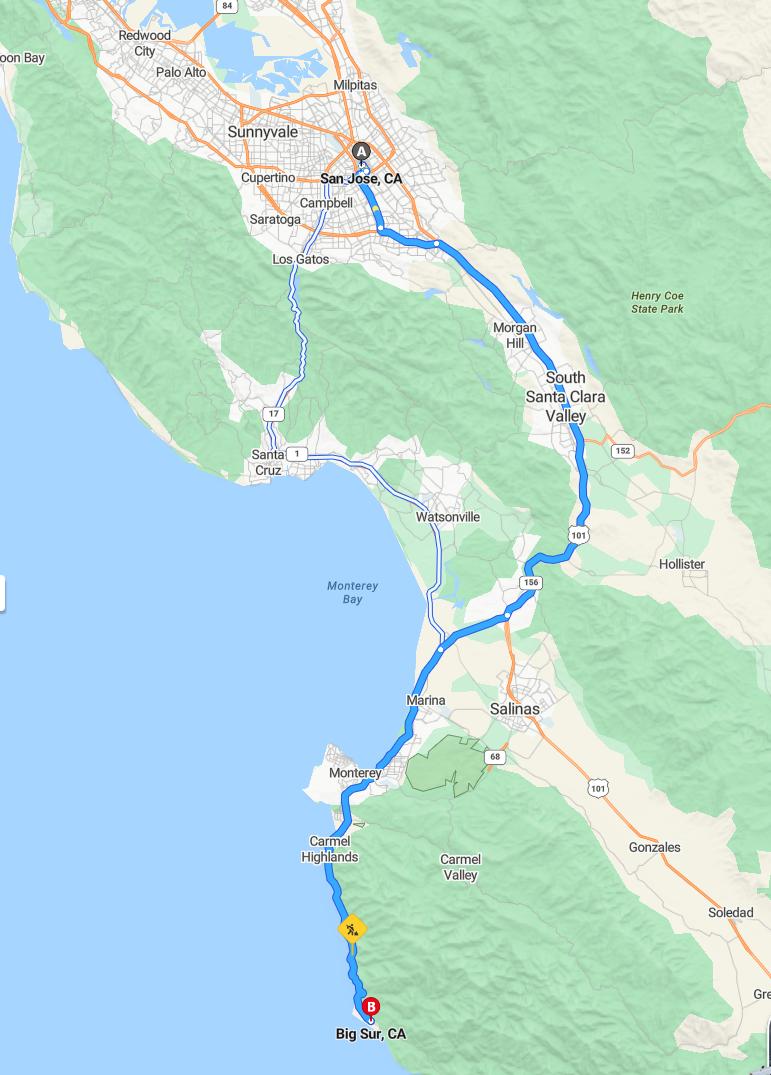 driving from San Jose, California to Big SurCalifornia - map and route