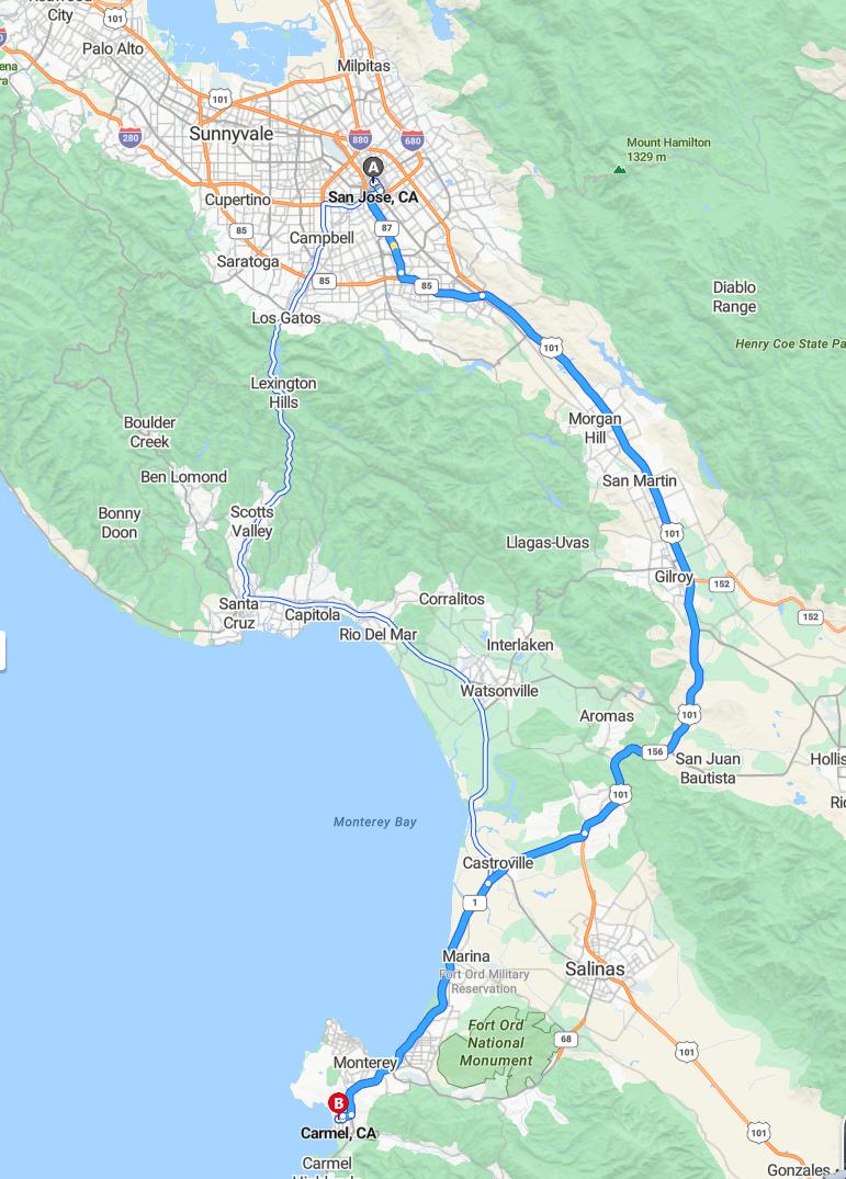 driving from San Jose, California to CarmelCalifornia - map and route